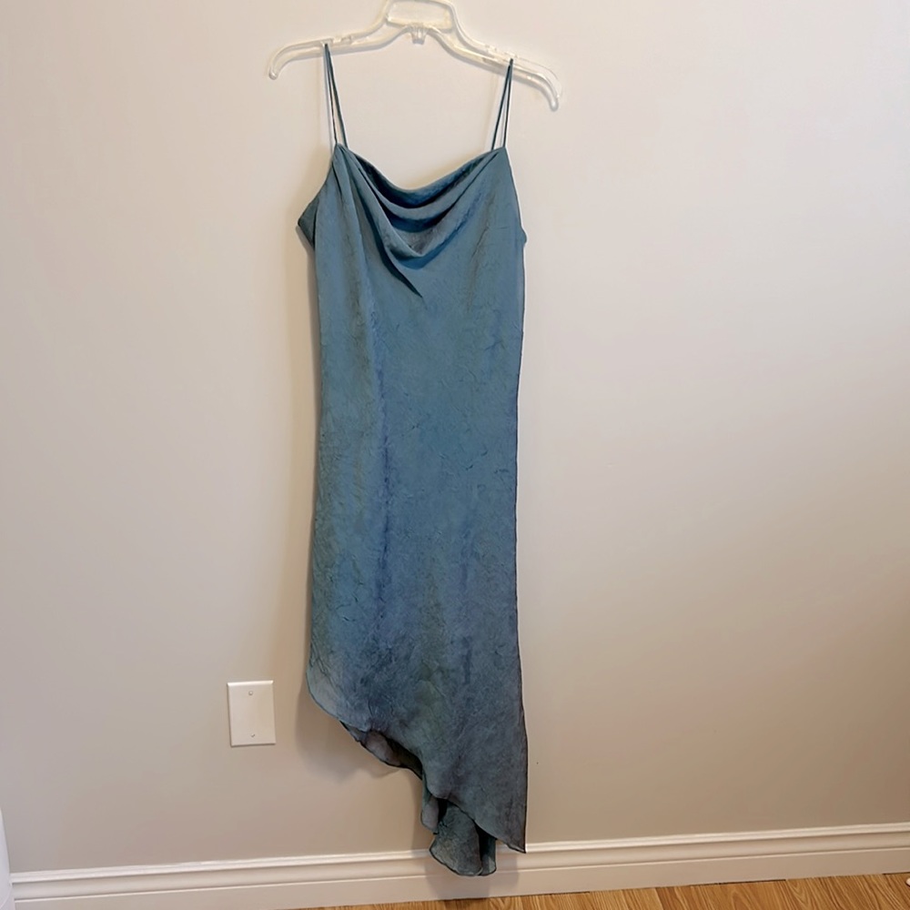 Beautiful asymmetrical formal dress by Nygard in soft blue shimmer, size 10